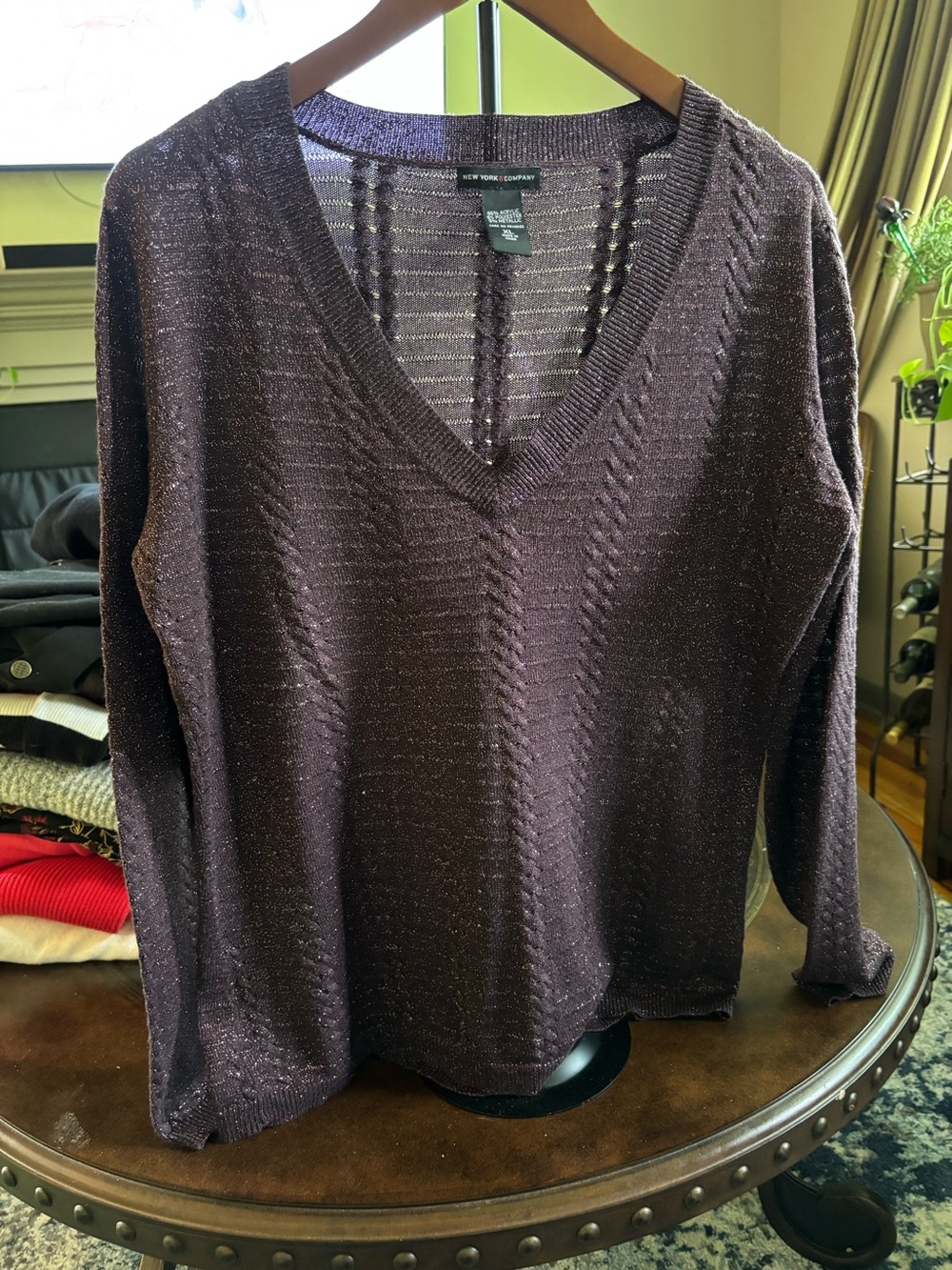 New York & Company V-Neck Sweater in Plum Sparkle